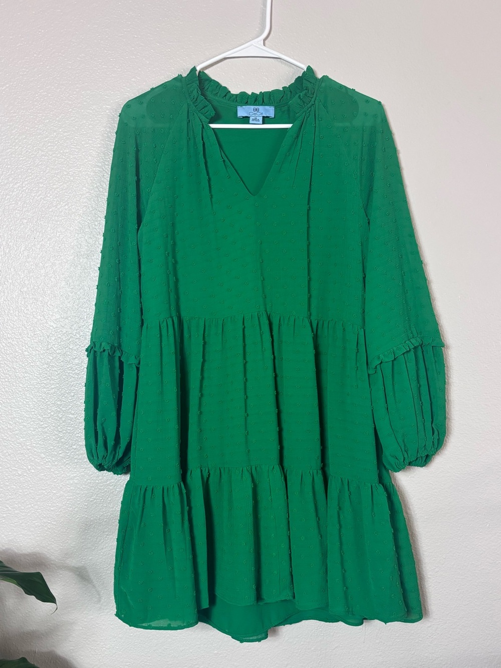 CeCe Green Tiered Swiss Dot Dress with Ruffle Neck